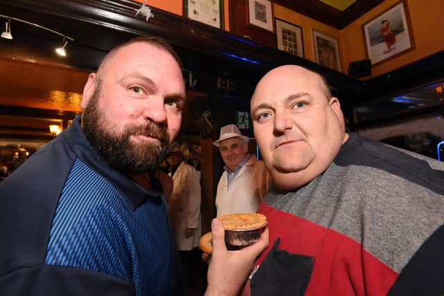 Former and reigning World Pie Eating Champions Martin Appleton-Clare (left) and Ian Gerrard when the event was last held in 2019