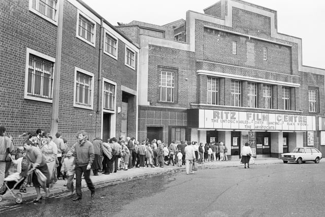 Retro 1987 - Queues at the Ritz Cinema in Station Road, Wigan for the 'Block Buster' Aristocats