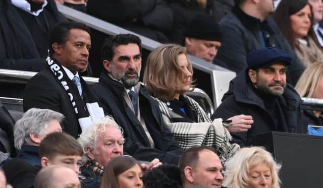 Newcastle United chairman Yasir Al-Rumayyan and co-owner Amanda Staveley look on from the directors box (Photo by Stu Forster/Getty Images)