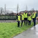 At Mesnes Field in Wigan are Iona Fazer – Safer Sphere (construction health and safety); Georgina Roby – Wigan Council, Service Manager – Culture & Events; Jon Hutchinson – Groundwork CLM (lead consultant and site management); Sharon Andrews – Ground Inc (landscape contractors); and Ben Bevan – Hardscape (stone bench manufacturers and paving suppliers)