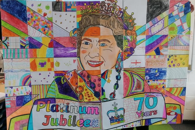 Britannia Bridge Primary School  Year 5 collaborative art work to celebrate the Queen's Platinum Jubilee.