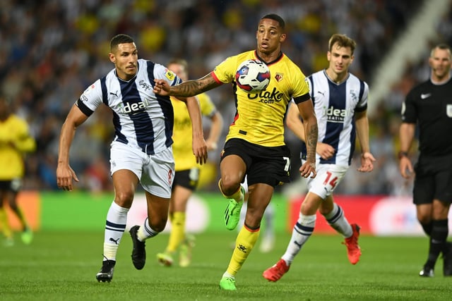 WEST BROMWICH, ENGLAND - AUGUST 08: João Pedro of Watford gets past Jake Livermore of West Brom during the Sky Bet Championship between West Bromwich Albion and Watford at The Hawthorns on August 08, 2022 in West Bromwich, England. (Photo by Gareth Copley/Getty Images)