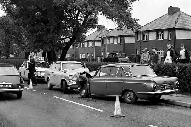 RETRO  1970 - A serious head on collision of a Ford Anglia and a Ford Cortina at Standish.