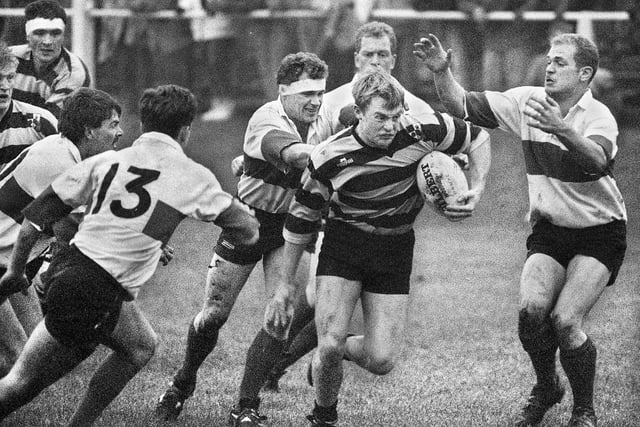 Mike Fielden surges through against Cambourne during a Pilkington Cup 2nd round match at Edge Hall Road on Saturday 30th of November 1991.
Orrell won 50-0.