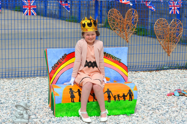 Pupils a Abram St John's Primary School, have a day of celebration for the Queen's platinum jubilee, dressed up in the colours of the union flag, each classroom had a queen for the day, they had a street party in the playground and games on the lawn.