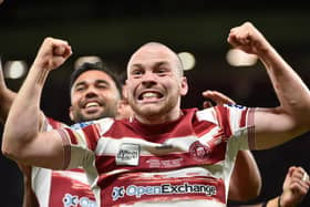 Liam Marshall celebrates his try against Catalans Dragons at Old Trafford