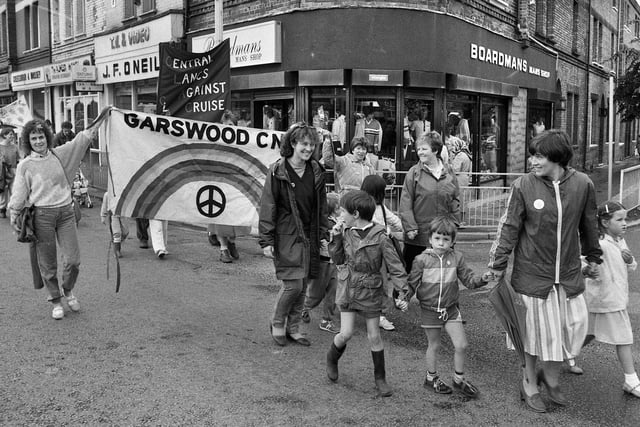 CND supporters marching down Market Street, Wigan, on Saturday 22nd of June 1985.