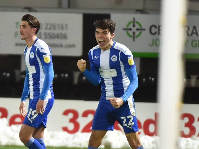 Kyle Joseph scores for Latics at Burton during the 2020-21 campaign