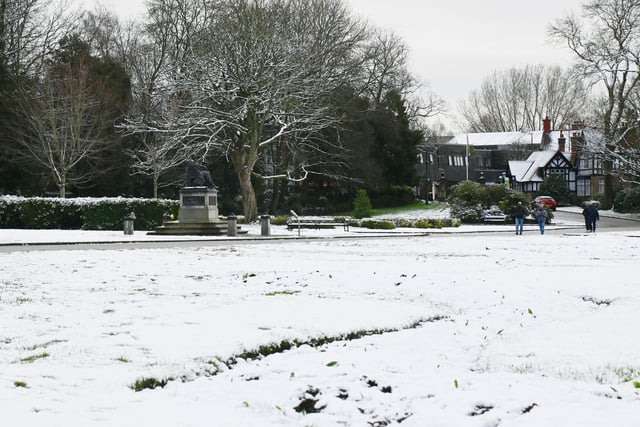 A snow scene in Mesnes Park, Wigan.