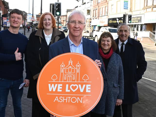 Coun Danny Fletcher, Makerfield MP Yvonne Fovargue, Wigan Council leader Coun David Molyneux, Coun Jenny Bullen and Coun Andrew Bullen in Ashton town centre