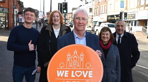 Coun Danny Fletcher, Makerfield MP Yvonne Fovargue, Wigan Council leader Coun David Molyneux, Coun Jenny Bullen and Coun Andrew Bullen in Ashton town centre