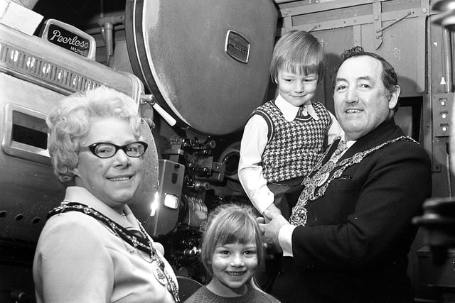 1975 Wigan ABC Ritz Cinema launched the Children's Film Foundation with Mayor coun Bob  Lyons who are seen with youngsters behind the scenes at the cinema in Station Road .