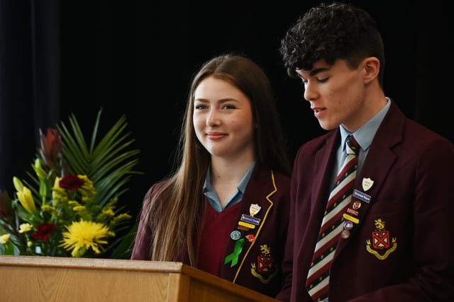 Head girl Keira Aspinall and head boy Toby Devereux speak at the event.