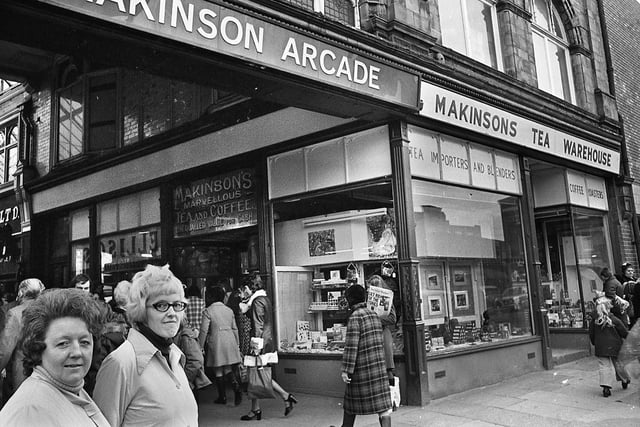 Shop assistant, Barbara Tate, left, and manageress, Kathleen Roden, outside Makinsons Tea Warehouse on Woodcock Street which was due to close in January 1974.
The family tea and coffee business was started in the 1880s and was owned by Richard Makinson who also built and owned the Makinson Arcade.