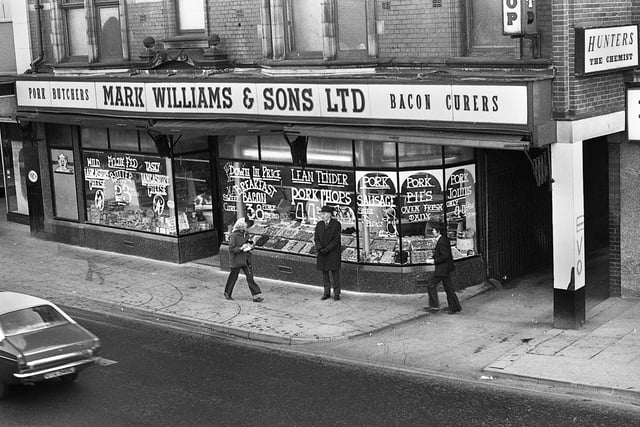 Mark Williams & Sons butchers shop on Standishgate in 1975.