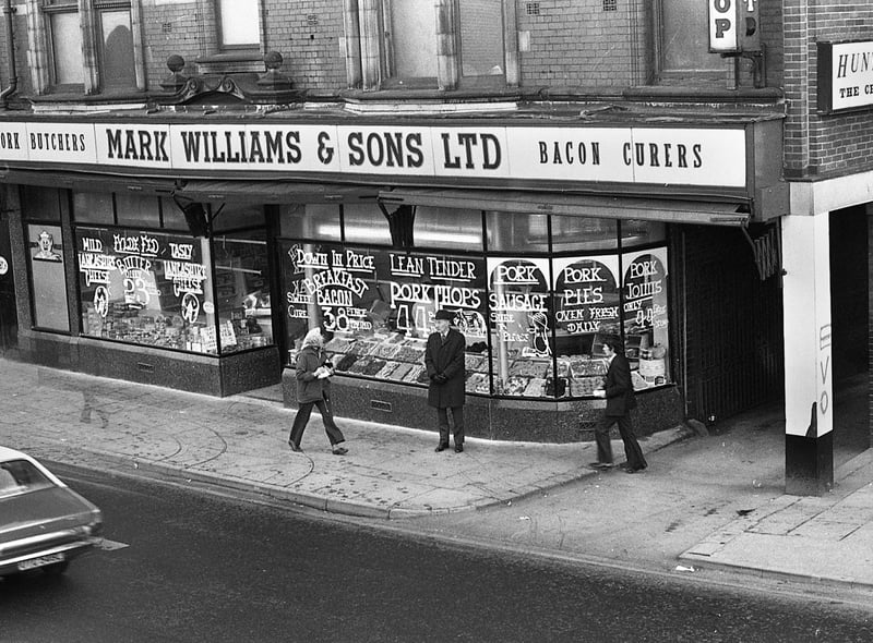 Mark Williams & Sons butchers shop on Standishgate in 1975.