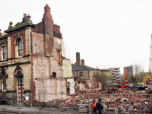 The King Street side of the old Wigan town hall building, partly demolished in November 1998. At the time it was stated that the 130 year old Grade 2 listed Victorian building was being preserved for posterity and a mixture of offices were to be built.