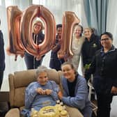 Staff at Lakeside Nursing Home in Standish celebrating Marion Anderton's 101st Birthday