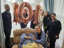 Staff at Lakeside Nursing Home in Standish celebrating Marion Anderton's 101st Birthday