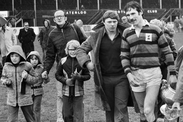 England international team-mates John Carleton (Orrell) and Mike Slemen (Liverpool) leave the pitch together after the Lancashire Cup Final on Sunday 22nd of April 1979 at Blundellsands.
Slemen's last minute try had given Liverpool a 10-6 win over Orrell.