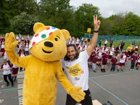 Joe Wicks and Pudsey Bear at RL Hughes School