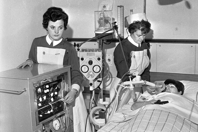 Nurses at work in the newly opened intensive care unit at Wigan Infirmary in May 1967.