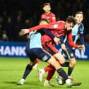 Luke Chambers battles for the ball in Latics' 1-0 defeat at Wycombe in midweek