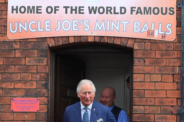 The Prince of Wales during a tour of the Toffee Works, Wigan, to celebrate 100 years of family-run William Santus & Co Ltd's factory operating on the site, where it makes its most famous product, Uncle Joe's Mint Balls.  April 3rd 2019.