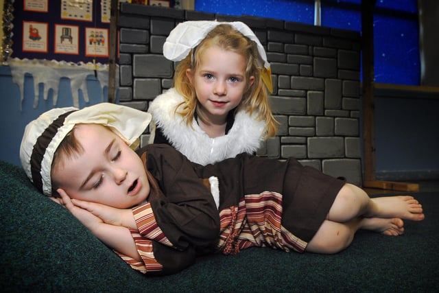 St Mark's CE Primary School, Newtown, Wigan -  Reception nativity The Sleepy Shepherd:  Dyan, five, and Ellie, four