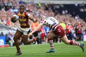 Jermaine McGillvary in action at the Tottenham Hotspur Stadium in the 2022 Challenge Cup Final against Wigan
