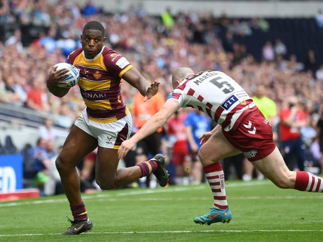 Jermaine McGillvary in action at the Tottenham Hotspur Stadium in the 2022 Challenge Cup Final against Wigan