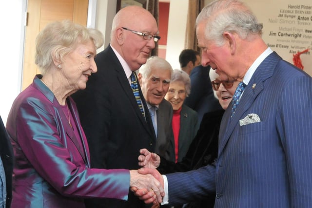 Prince Charles meets members of Wigan Little Theatre -  HRH Prince Charles visited Wigan Little Theatre , Uncle Joe's Mint Ball factory and The Old Courts, Wigan - April 2019.