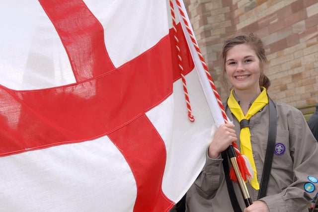 Atherton St George's Day Parade 2010:  Hannah Ralph, 15, of the 1st Atherton Scouts, with the St George's Cross flag