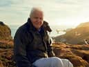 Sir David Attenborough, filming for Wild Isles series, next to Common puffins (Fratercula arctica), Skomer Island, off Pembrokeshire coast, Wales