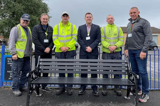 Paul Barton, Director for Environment at Wigan Council, Coun Dane Anderton, and Dave Lyon, Assistant Director for Environment at Wigan Council, with some of the Our Town crew.