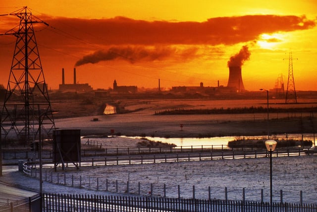 Westwood Power Station and its smoking chimneys in full flow in January 1985 in a view from Martland Mill.