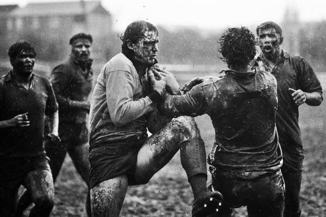 Simon Langford attempts to clutch the ball, which was like the proverbial bar of soap, during a Courage League Division 1 match against Gloucester at Edge Hall Road on a stormy afternoon on Saturday 19th of March 1988.
Orrell lost 9-13.