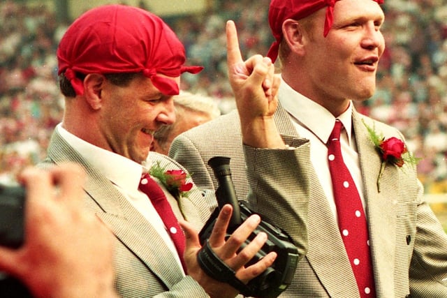 Jokers Billy McGinty and Neil Cowie join team-mates on the parade around the pitch after beating Widnes 20-14 in the Challenge Cup Final at Wembley on Saturday 1st of May 1993.