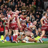 Liam Marshall celebrates the only try of this year's Super League Grand Final at Old Trafford