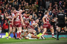 Liam Marshall celebrates the only try of this year's Super League Grand Final at Old Trafford