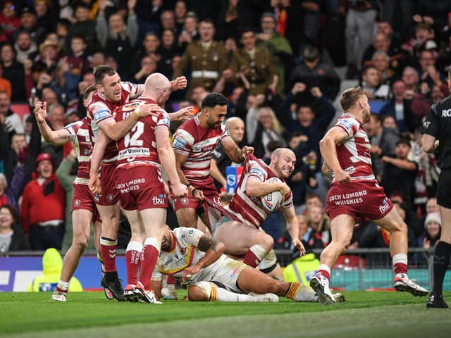 Liam Marshall celebrates the only try of this year's Super League Grand Final at Old Trafford