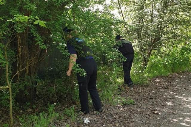 Police officers searching wooded areas in Hindley and Hindley Green
