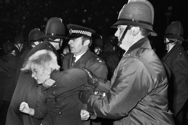 Poilce clash with pickets during the Stockport Messenger dispute at Winwick Quay, Warrington, on Tuesday 29th of November 1983.
The dispute was between the Stockport Messenger Group proprietor Eddie Shah and the National Graphical Association over closed shop agreements. It went on over several nights as the pickets attempted to stop production of the newspapers. Wigan photographers were sent to cover the dispute because it had wider implications within the newspaper industry.