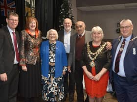 Coun Paul Kenny, Makerfield MP Yvonne Fovargue, Joan Boston, Neil Turner, Billy Boston, Mayor of Wigan Coun Marie Morgan and consort Coun Clive Morgan