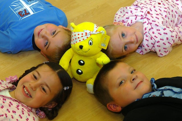 Pudsey pals at Platt Bridsge Community School from ( Left) Daniel, Tamzin, Thomas, and Keavi from Y2 at their Pajama Party