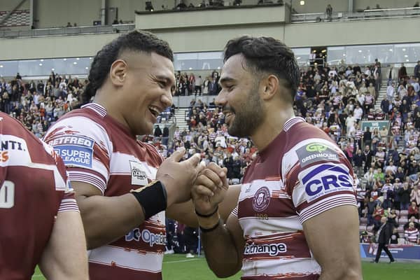 Wigan's Patrick Mago & Bevan French celebrate semi-final victory over Hull KR