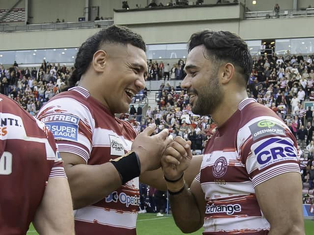 Wigan's Patrick Mago & Bevan French celebrate semi-final victory over Hull KR