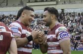 Wigan's Patrick Mago & Bevan French celebrate semi-final victory over Hull KR