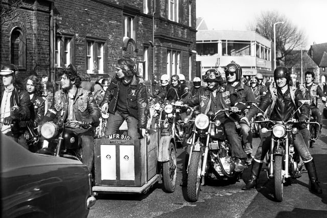 Some of the 50 guests ride into Hope Street for the Hell's Angels wedding. 