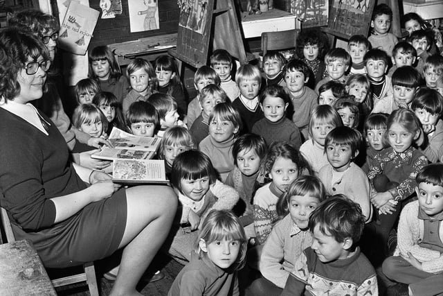 Teachers Roberta Wainwright and Carol Howarth at story time with two classes at St. James Road County Primary School, Orrell, on Tuesday 8th of February 1972.